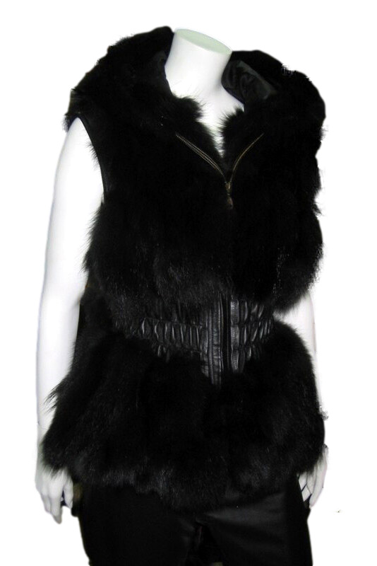 HYEON fur gilet black ファージレ　黒 Black Fox Fur Vest Hood Leather Waist | SKANDINAVIK FUR