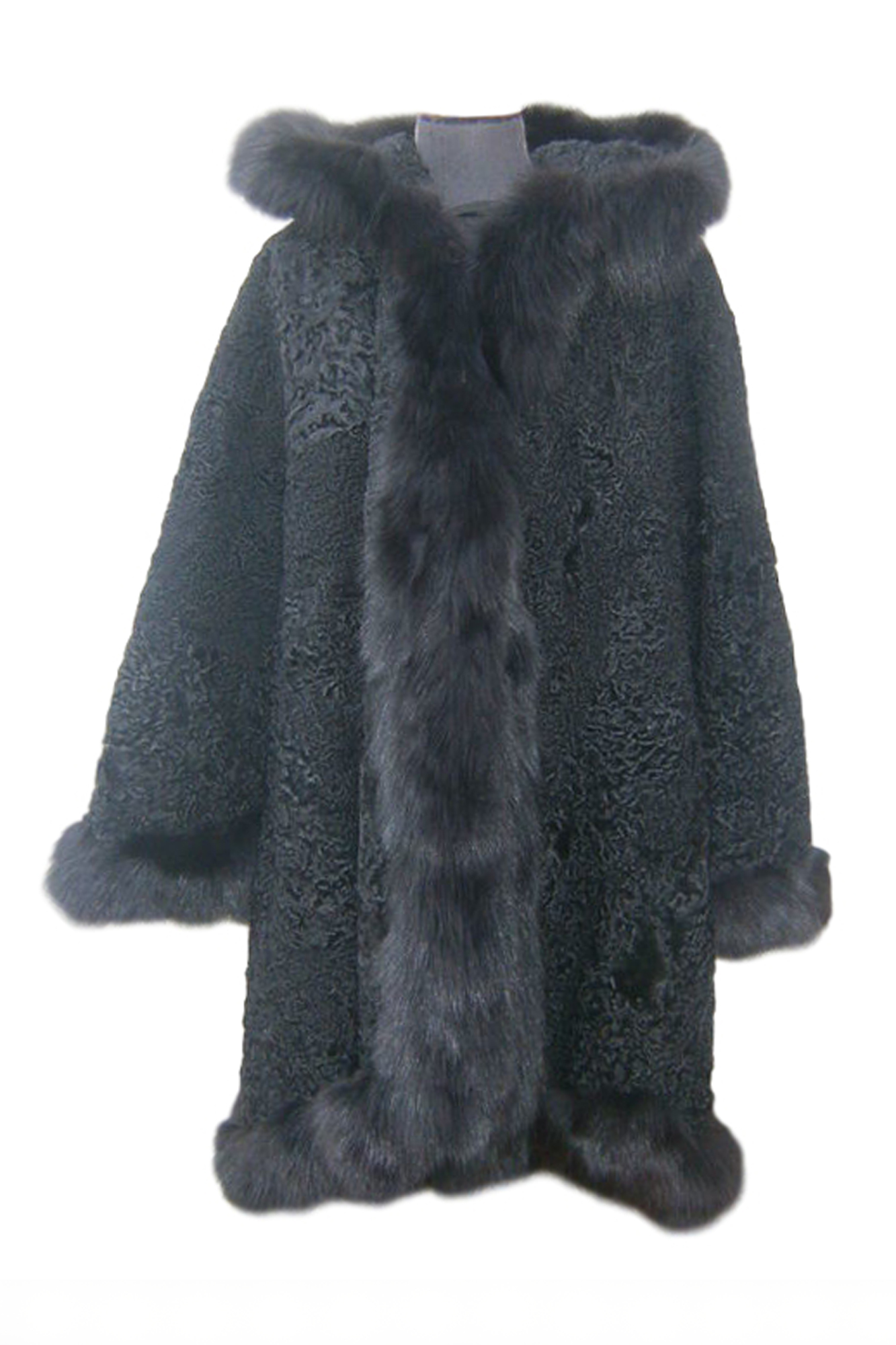 Black Persian Lamb Full Length Fox Trim Hood | SKANDINAVIK FUR