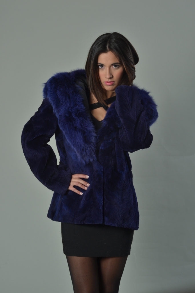 Blue Sheared Beaver Fur Coat Hooded Fox Trim | SKANDINAVIK FUR