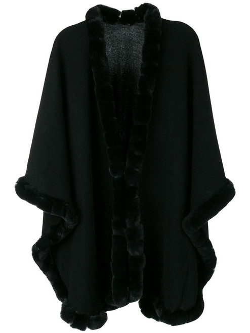 Balck Cashmere Cape With Rex Fur Trim| SKANDINAVIK FUR