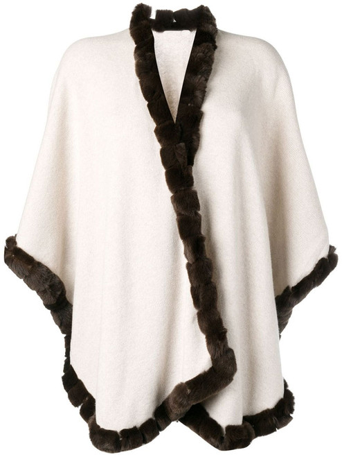 Off White Cashmere Cape With Brown Rex Fur Trim| SKANDINAVIK FUR