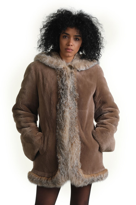 Reversible Beige Hooded Sheared Beaver Fur Coat