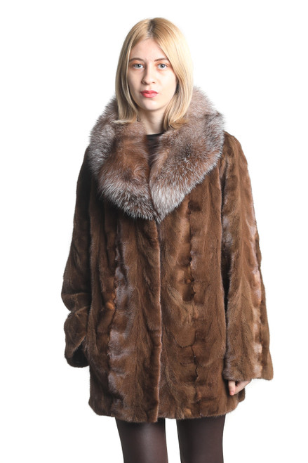 Brown Sectional Mink Fur Coat Crystal Fox Shawl Collar