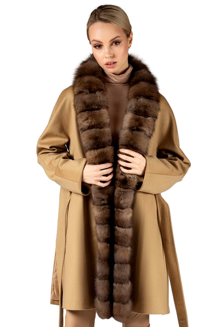 Tan Knee Length cashmere wool fur coat with sable fur trim