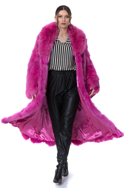 Full length neon pink fox fur coat with shawl fox collar
