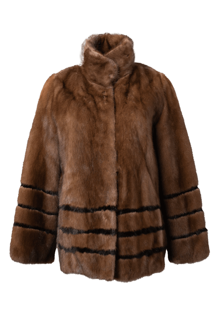 【HI FI FNK】(W) Hari Fur Coat Brown Mink Fur Coat Stand Up Collar Striped Hip Length
