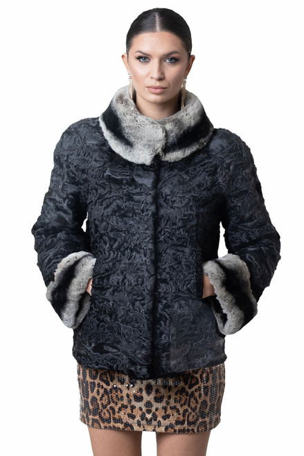 Astrakhan Coat With Rex Collar & Cuffs | SKANDINAVIK FUR