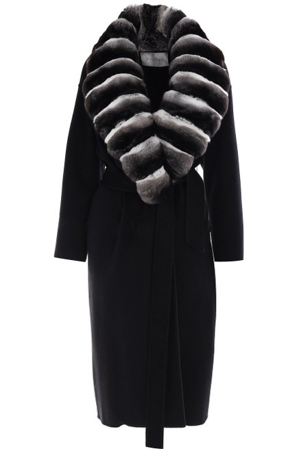 Black Cashmere Coat Chinchilla Fur Collar | SKANDINAVIK FUR