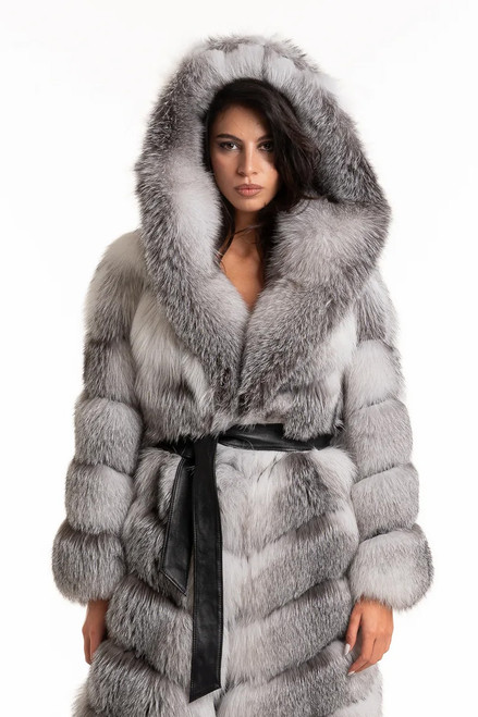 Long Blue Fox Fur Coat Hooded | SKANDINAVIK FUR