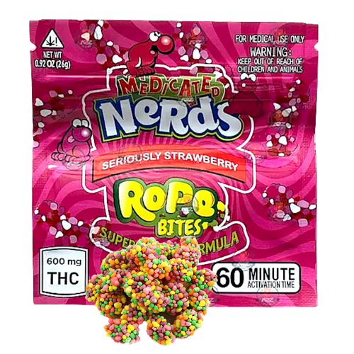 Medicated Nerds Seriously Strawberry Rope Bites - 600MG THC: A Flavorful Journey

Dive into the sweet intensity of Medicated Nerds Seriously Strawberry Rope Bites. With a potent 600MG THC packed into every bite, these edibles blend the nostalgic crunch of Nerds candy with a powerful cannabis kick. The delicious strawberry flavor and the fun, chewy texture make them a perfect treat for both solo relaxation and social gatherings. Start with a small amount to find your ideal experience and enjoy the journey responsibly. Whether you're at home or on the go, these rope bites offer a uniquely satisfying way to indulge.