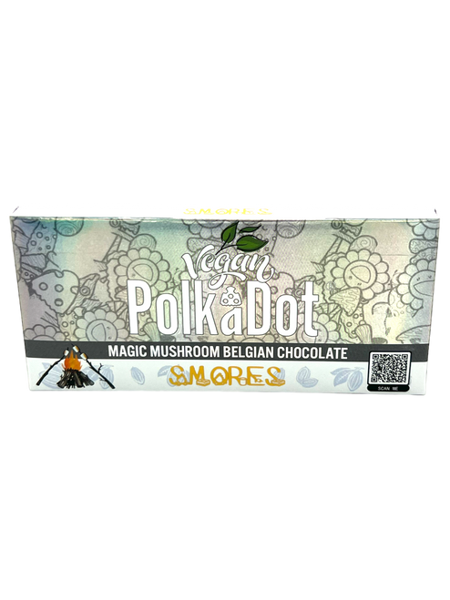 "An image of a luxurious Polka Dot Smores Magic Mushroom Belgian Chocolate Bar. The chocolate bar is elegantly wrapped in a brown and gold foil wrapper, with the 'Polka Dot' logo prominently displayed. The rich and velvety chocolate is studded with bits of graham crackers and miniature marshmallows, evoking the classic S'mores flavor. This 3.5-gram psilocybin mushroom-infused chocolate bar promises a delicious and delightful journey into the world of self-discovery and introspection."