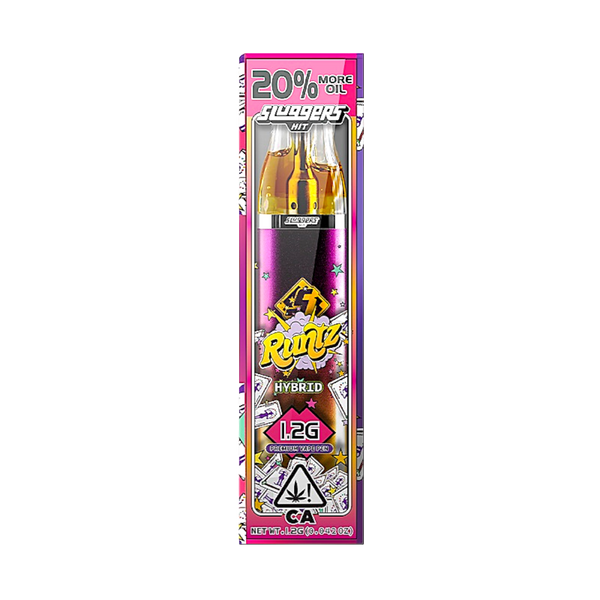 Sluggers Hit Runtz Hybrid Gram Slam Disposable Vape (1.2g) blends candy-sweet flavor with creamy, fruity notes and live resin diamonds for balanced, uplifting effects.