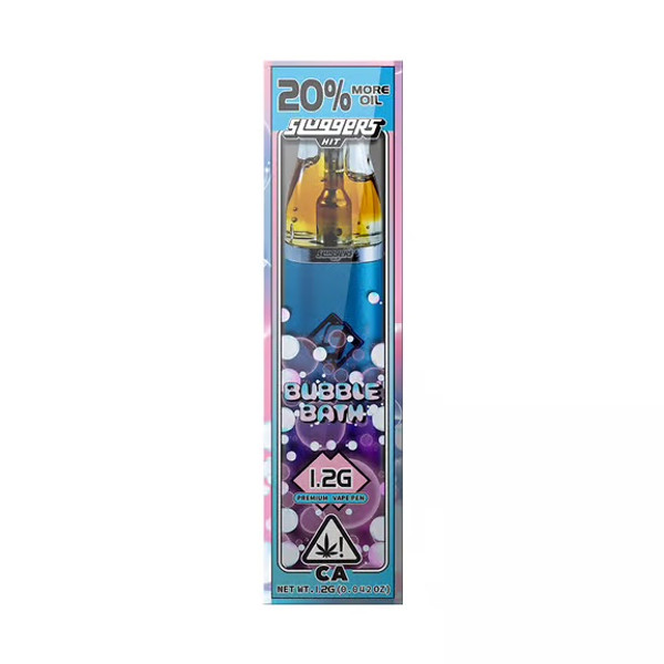 Bubble Bath – Sluggers Hit 1.2G Disposable Vape (Indica Hybrid) delivers sweet, creamy flavor and deep relaxation with premium live resin oil. 20% more potency for longer-lasting calm.
