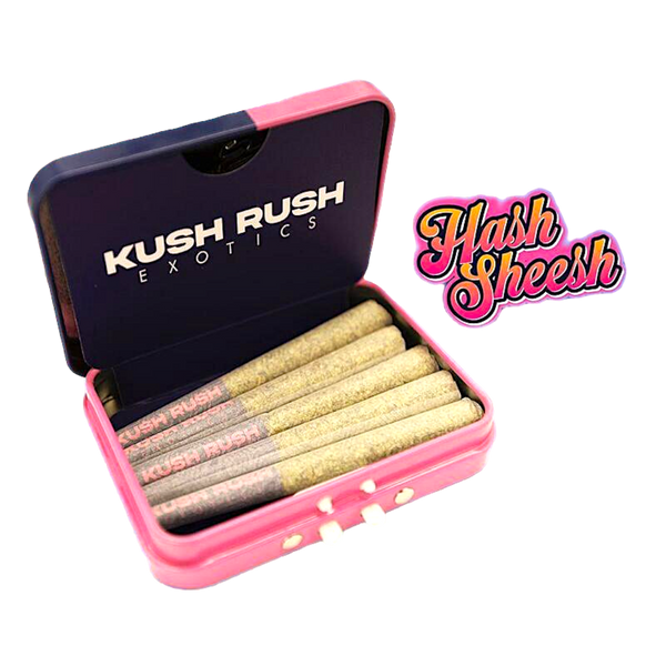 Kush Rush Exotics brings you Hash Sheesh, a high-end 5-pack of infused pre-rolls made with exotic flower and potent live hash rosin. Smooth, flavorful, and strong—perfect for connoisseurs seeking next-level quality.