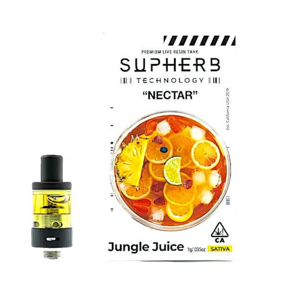 Supherb NECTAR – Jungle Juice is a tropical sativa live-resin tank offering bold fruit-punch flavor, uplifting energy, and smooth full-spectrum vapor.