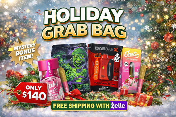 The Holiday Diamond THC Grab Bag includes diamond-infused Baby Jeeter pre-rolls, liquid live diamonds, a Jeeter THC cartridge, and a full eighth of cannabis flower. A premium cannabis bundle available for online orders.