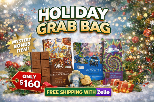 The Holiday Psilocybin Chocolate & Mushroom Grab Bag includes Aurora psilocybin chocolate, Magic Kingdom mushrooms, psilocybin gummies, and additional chocolate for a complete premium bundle.