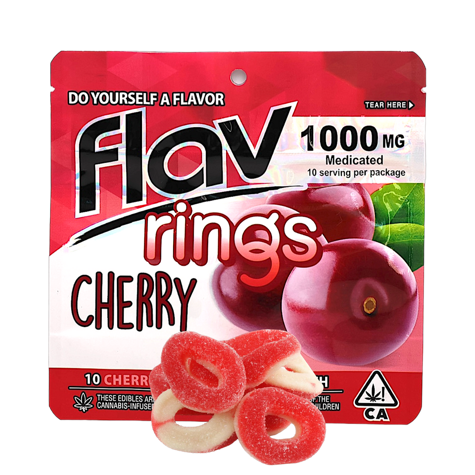 **Flav Cherry Rings - 1000mg THC Distillate Gummies:**
Dive into the delicious world of Flav Cherry Rings, where each package brings you 10 lusciously potent gummies, each infused with 100mg of pure THC distillate for a total of 1000mg. These gummies blend the irresistible taste of ripe cherries with the powerful effects of high-quality THC, offering a sweet, tangy, and potent experience. Crafted with natural ingredients and designed for convenience, Flav Cherry Rings are perfect for those seeking a potent and flavorful edible experience. Enjoy the pinnacle of potency, purity, and taste with each bite.