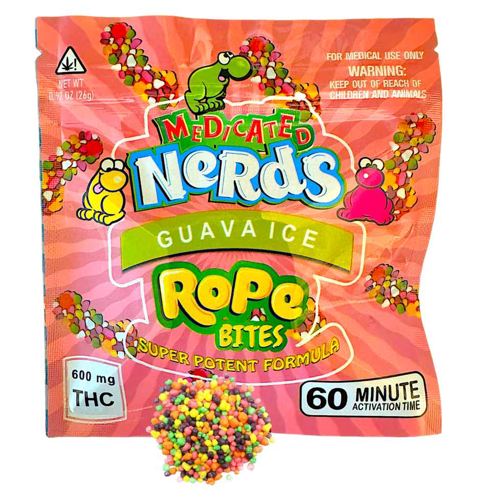Guava Ice Medicated Nerd Rope Bites deliver a refreshing tropical burst of sweet guava and icy cool flavor, infused with a potent 600mg of THC. Perfect for experienced users, these flavorful bites offer smooth, powerful effects in a discreet and convenient form.