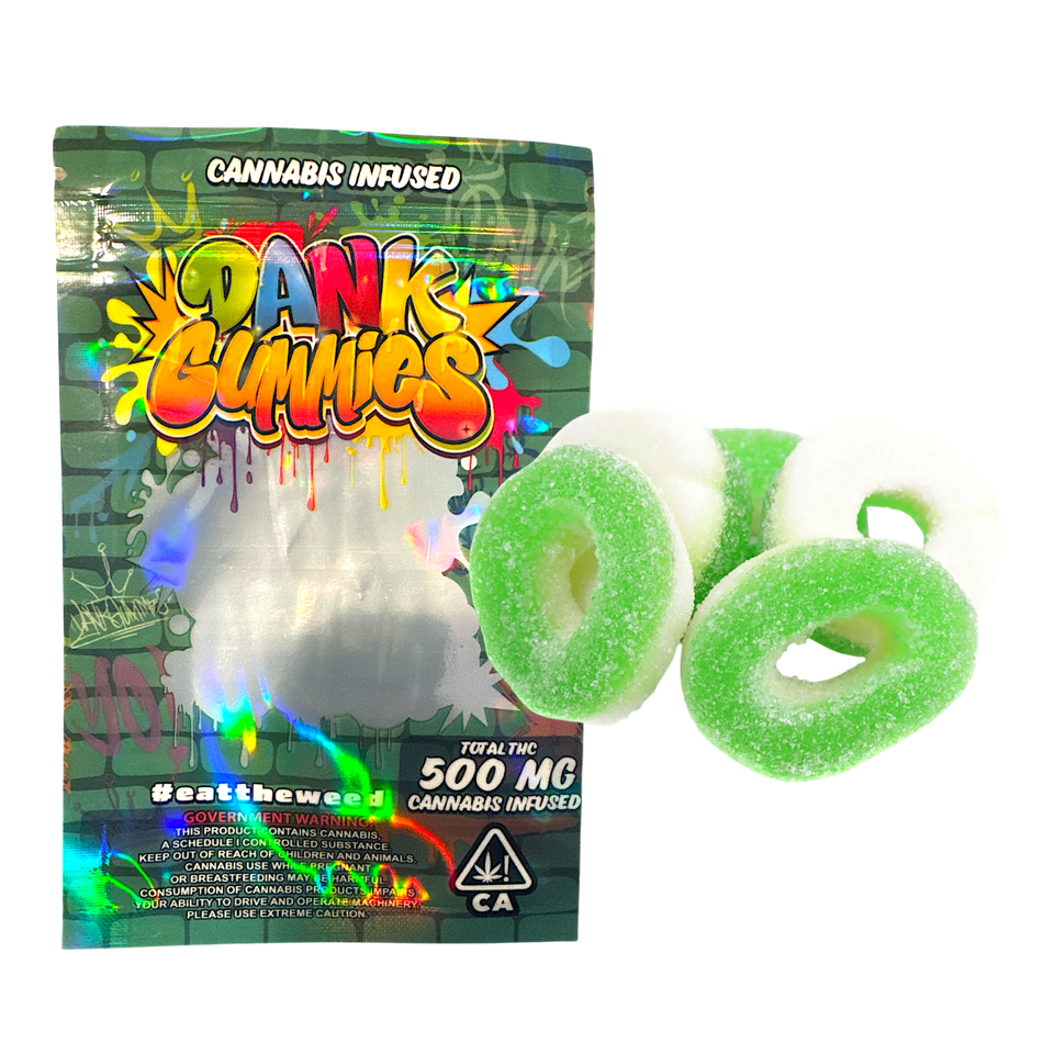 Dank Gummies - Apple Rings - 500mg THC

Sweet, tangy, and perfectly potent, Dank Gummies Apple Rings are a flavorful way to enjoy THC. Each bag contains 8 gummies, with 62.5mg of THC per gummy, ensuring consistent dosing for both seasoned users and beginners. Made with premium cannabis extract and infused with delicious apple flavor, these gummies deliver a discreet, long-lasting, and smoke-free cannabis experience. Ideal for relaxation, creativity, or recreational fun, Dank Gummies are your go-to edible for elevating any moment. Enjoy responsibly!