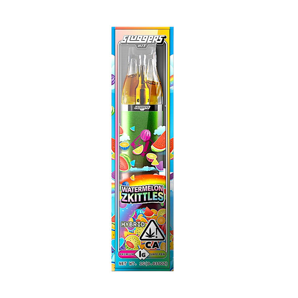 Sluggers Hit Watermelon Zkittlez Sativa Gram Slam Disposable Vape (1.2g) blends fruity sweetness with a gassy kick, powered by live resin diamonds for uplifting effects.