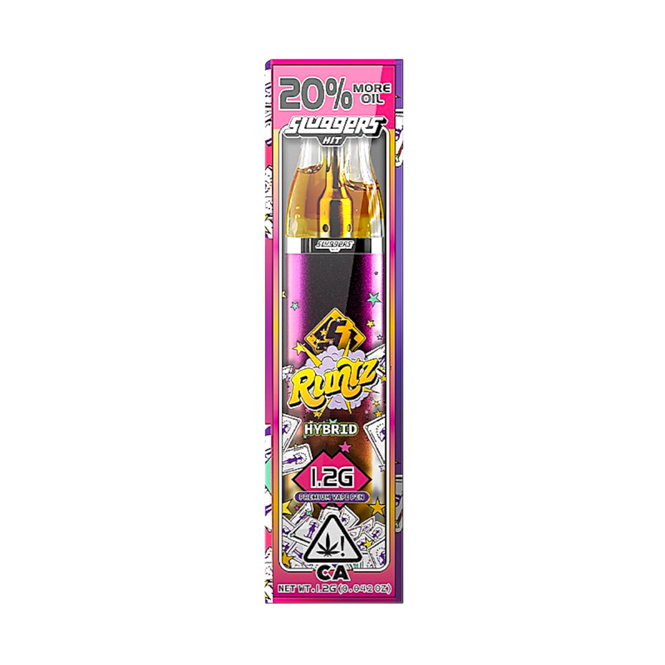 Sluggers Hit Runtz Hybrid Gram Slam Disposable Vape (1.2g) blends candy-sweet flavor with creamy, fruity notes and live resin diamonds for balanced, uplifting effects.
