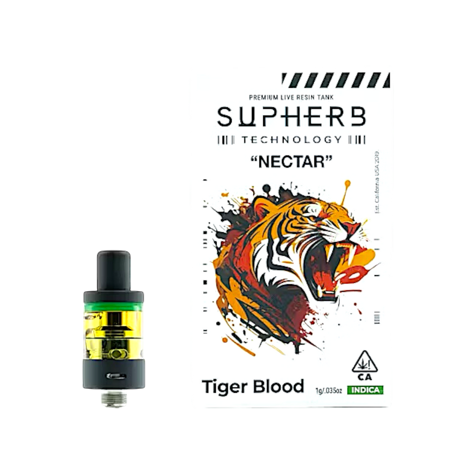 Supherb NECTAR – Tiger Blood is a bold indica live-resin tank with exotic berry-watermelon flavor and heavy, full-body relaxation.