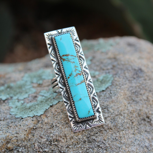 Southwest Stamped Long Bar Turquoise Ring Southwest Stamped Long Bar Turquoise Ring