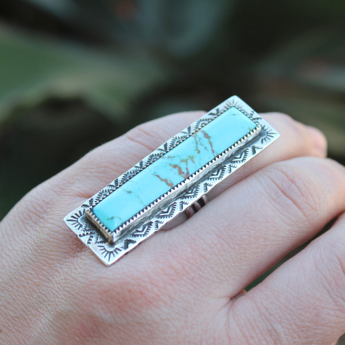 Southwest Stamped Long Bar Turquoise Ring Southwest Stamped Long Bar Turquoise Ring