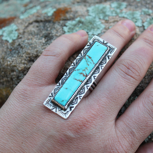 Southwest Stamped Long Bar Turquoise Ring Southwest Stamped Long Bar Turquoise Ring