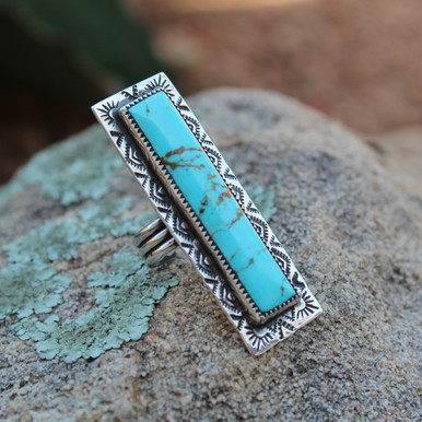 Southwest Stamped Long Bar Turquoise Ring