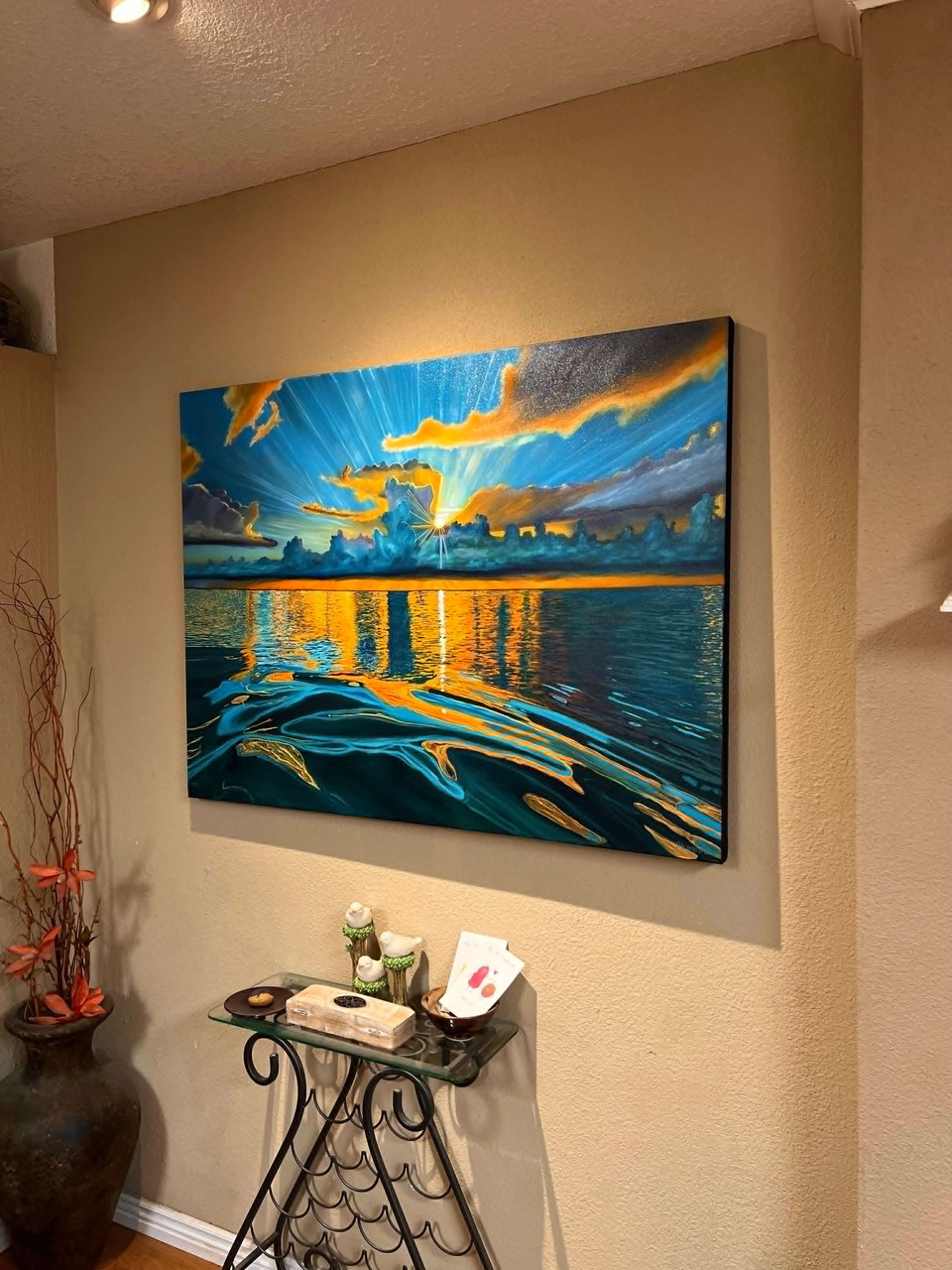Golden Turquoise Ocean Sunset (Original Painting) Oil on Gallery