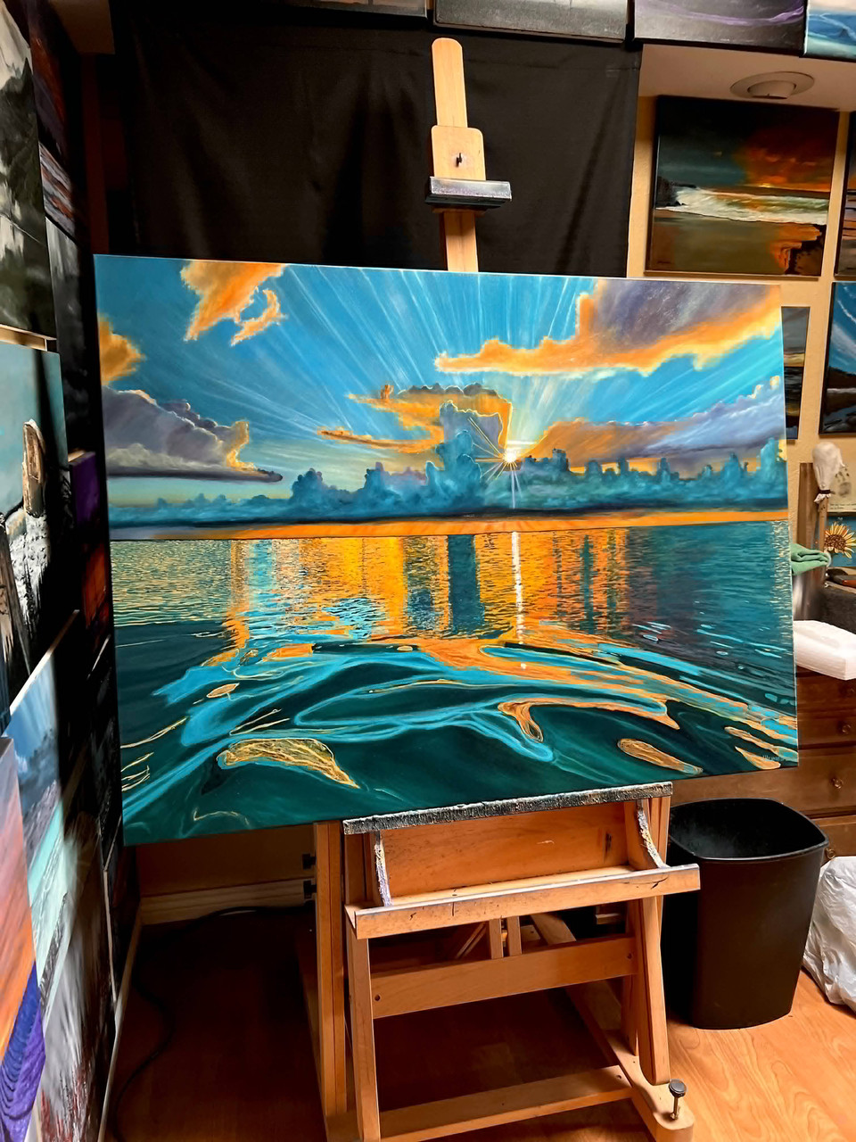 Golden Turquoise Ocean Sunset (Original Painting) Oil on Gallery