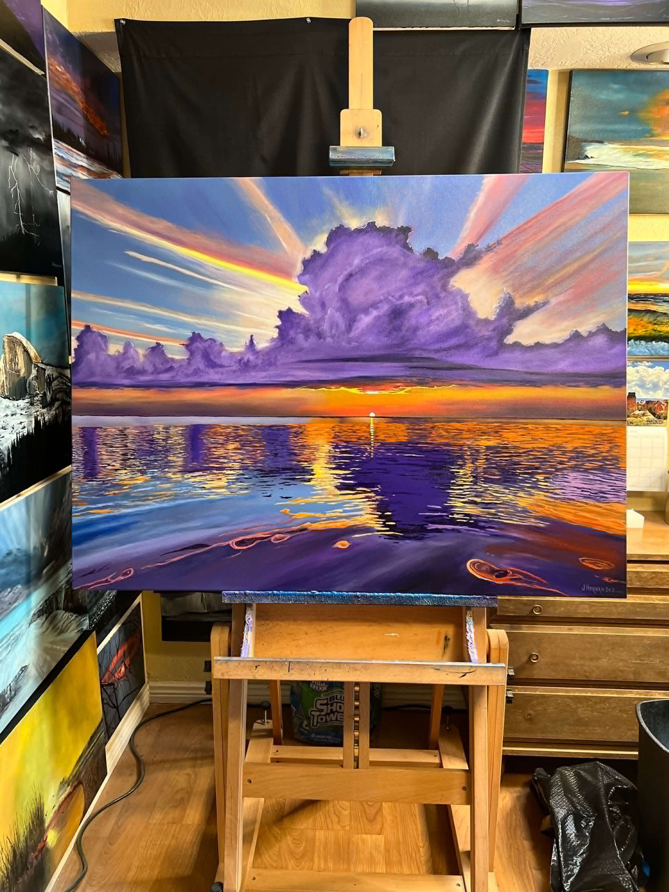 Towering Amethyst Cumulus Ocean Sunset Clouds (Original Painting