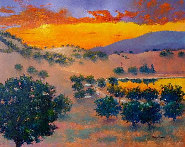 Sunset Over Brite Lake (Original Painting) Oil on Canvas 30 x 24 by Terry d. Chacon