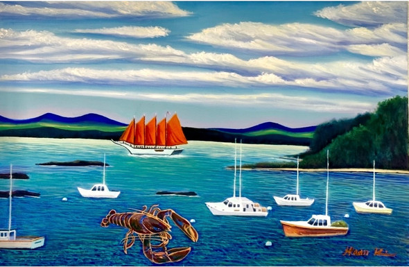 Maine Lobster Harbor Beach (Original Painting) Oil on Canvas 24x36 Framed By Han Mook Kim