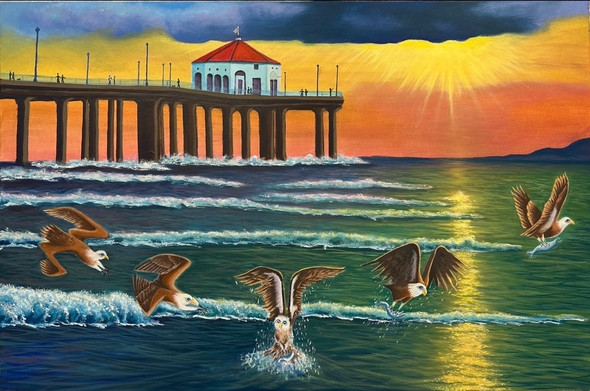 Catch Fish Manhattan Beach (Original Painting) Oil on Canvas 24x36 Framed by Han Mook Kim