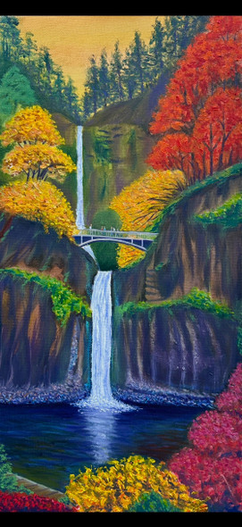 Multnomah Falls (Original Painting) Oil on Canvas 24x12 by Han Mook Kim