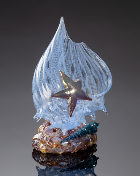 Aquamarine Latticino Conch Shell with Auger Shell and Sea Star by Treg Silkwood