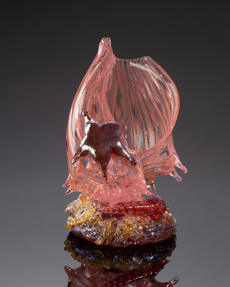 Apricot Latticino Conch Shell Sculpture with Auger Shell and Sea Star by Treg Silkwood