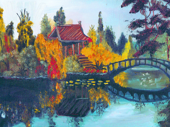Japanese Garden with Bridge Fall Colors by Samara Doumnande