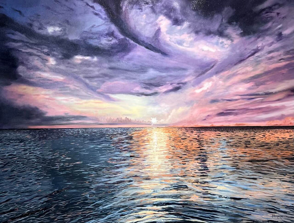 Golden Turquoise Ocean Sunset (Original Painting) Oil on Gallery