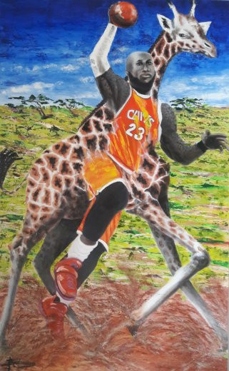LEBRON JAMES & GIRAFFE (Original Painting) Oil on Canvas 48 x 60 by Susan Andreasen