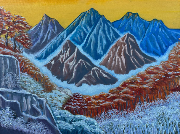 Sunset of Mt. Saul Ack in Korea (Original Painting) Oil on Canvas 18x24 Framed by Han Mook Kim