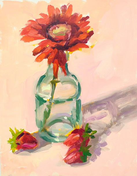 Gerbera and Berries (Original Painting) Acrylic on Linen Panel 10x8 by Kristina Sellers