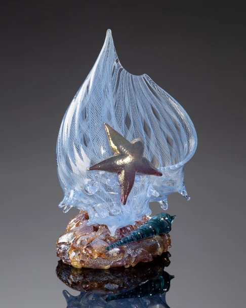 Aquamarine Latticino Conch Shell with Auger Shell and Sea Star by Treg Silkwood