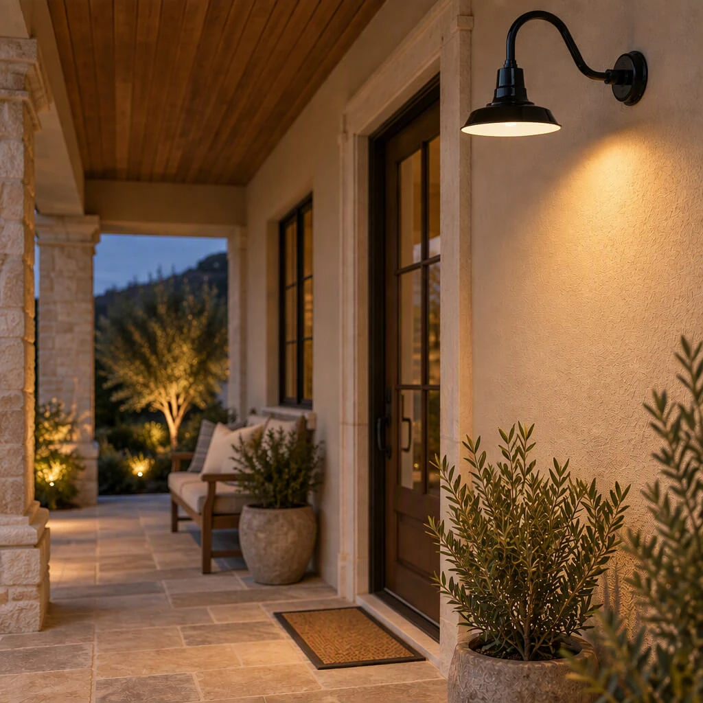 Classic black gooseneck barn light mounted beside a front door