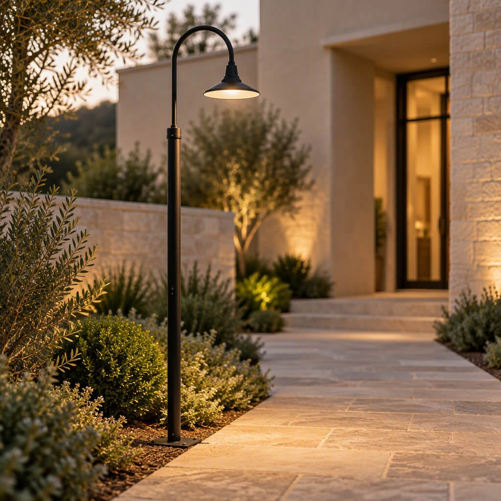 Classic black outdoor post light beside a landscaped walkway