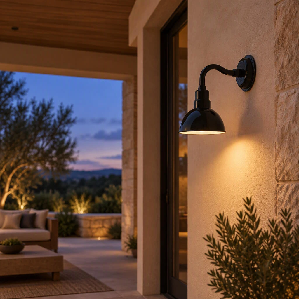 Black barn-style wall sconce illuminating an exterior wall