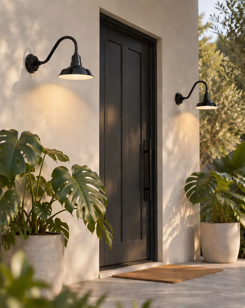 Classic black gooseneck barn light mounted beside a front door